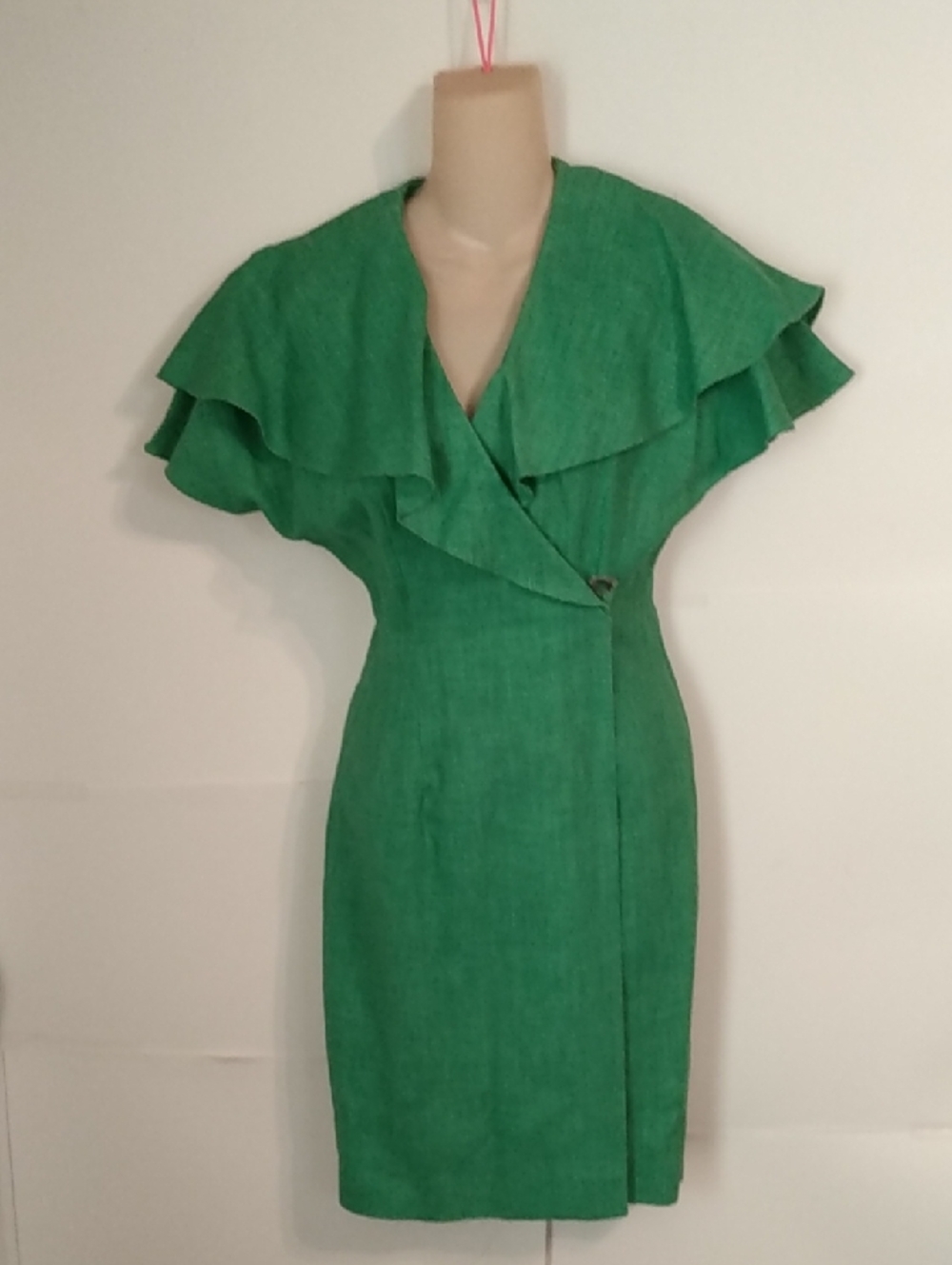 Vtg 80s Kelly Green Ruffled Linen Dress Mobwife Corporate Formal Sales Fashion